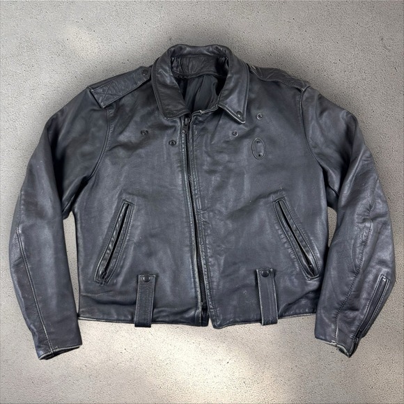 Vintage‎ 80s Black Police Leather Motorcycle Jacket Men's 46 USA Janice's Crew